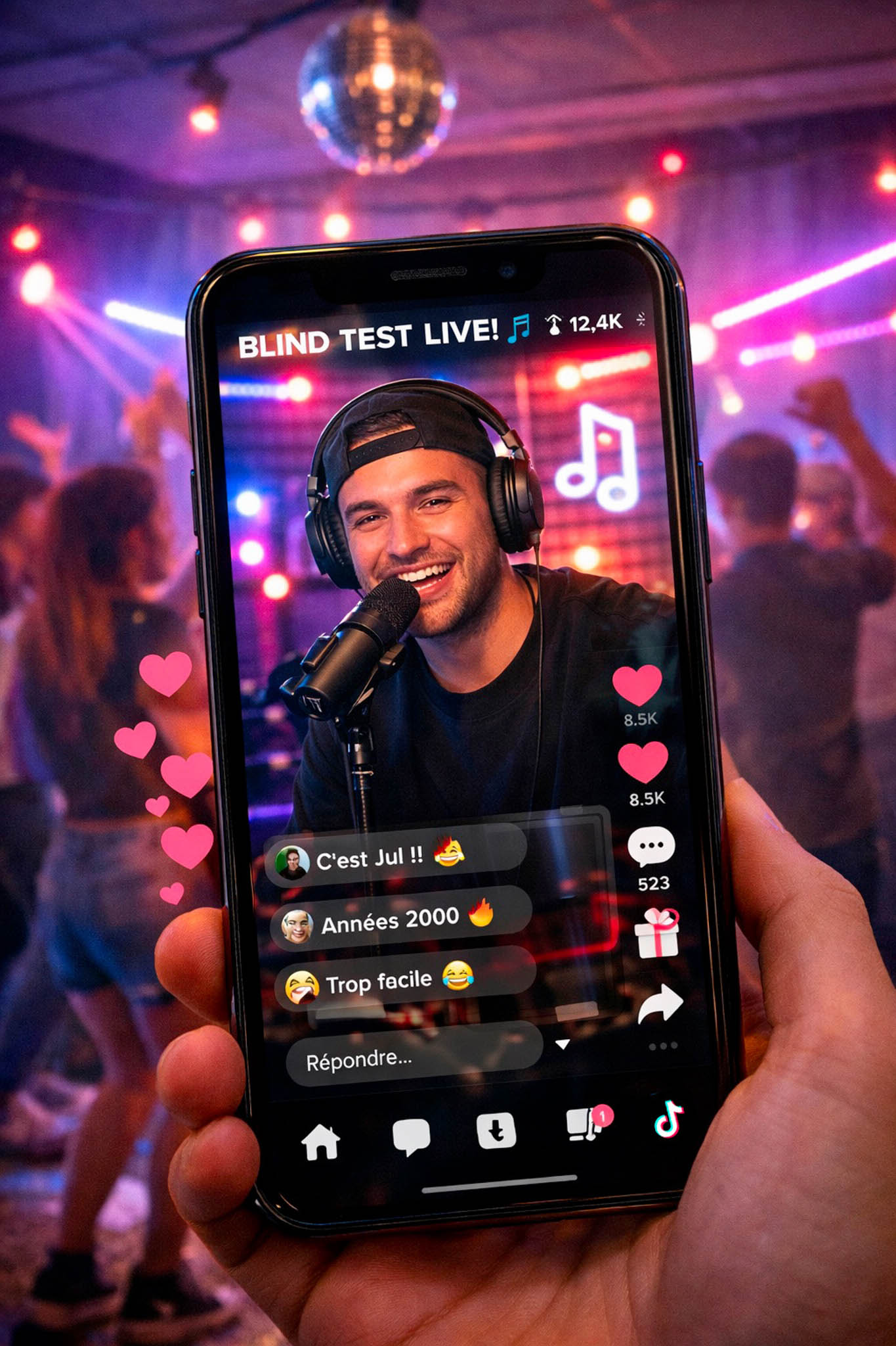 Un téléphone avec une image d'un animateur sur Tiktok avec un micro studio, un casque audio. En arrière-plan, une ambiance de piste de danse avec boule à facette.