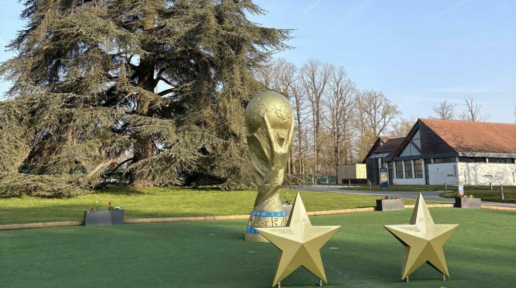 deux étoiles en or et le trophée de la coupe du monde de football dans un parc avec un sapin centenaire