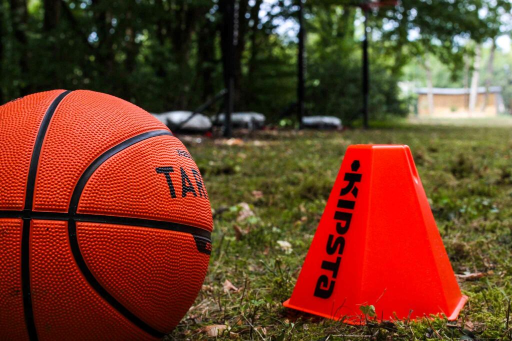 Basketball and orange cone set up for an activity